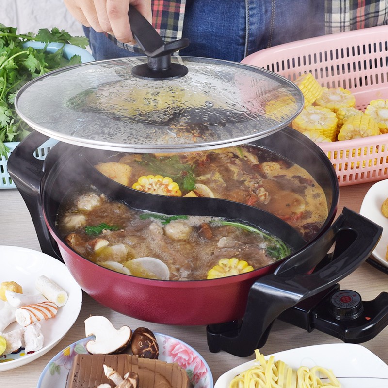 电热火锅火鸳鸯锅家用多功能电热火锅锅宿舍鸳鸯不粘涮烤一体锅