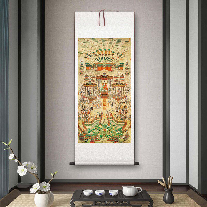 《极乐世界庄严图》客厅书房茶室装饰画挂画玄关水墨高清挂轴字画
