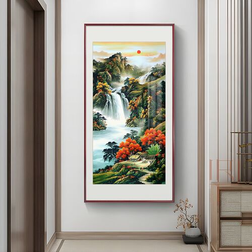 鸿运当头国画山水画新中式玄关装饰画入户正对门走廊楼梯画竖版