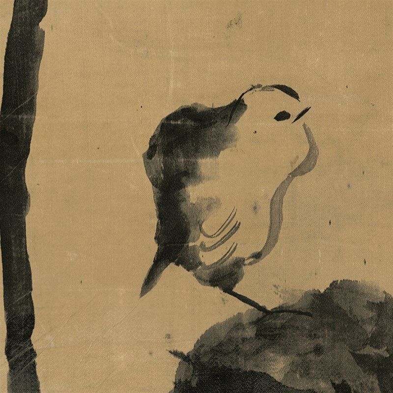 八大山人荷花双禽图 仿古水墨国画立轴 宣纸未装裱