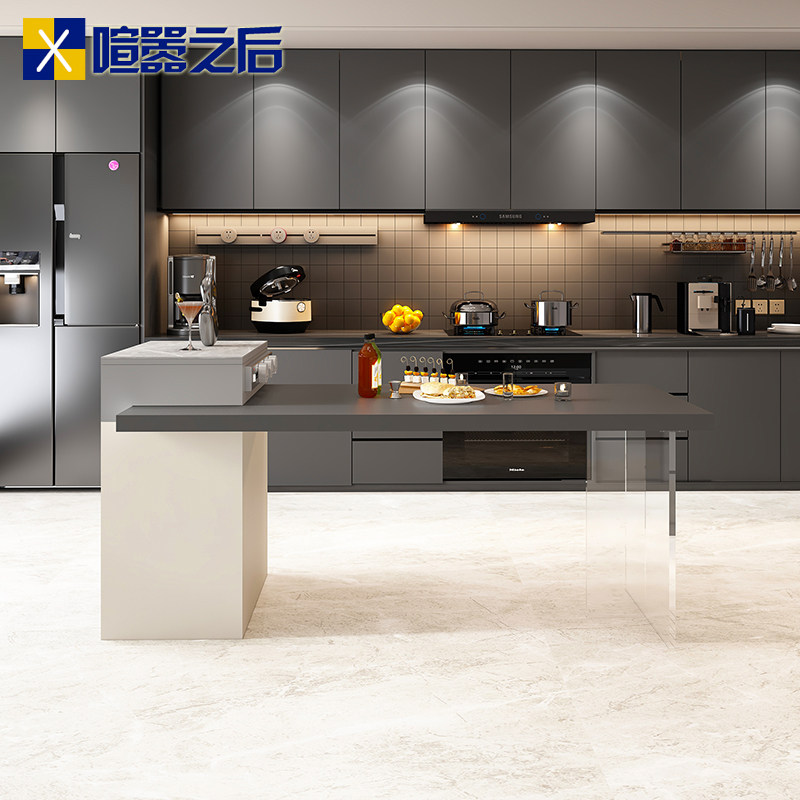 意式轻奢岩板岛台餐桌一体开放式厨房中岛台吧台茶水桌小户型8E51