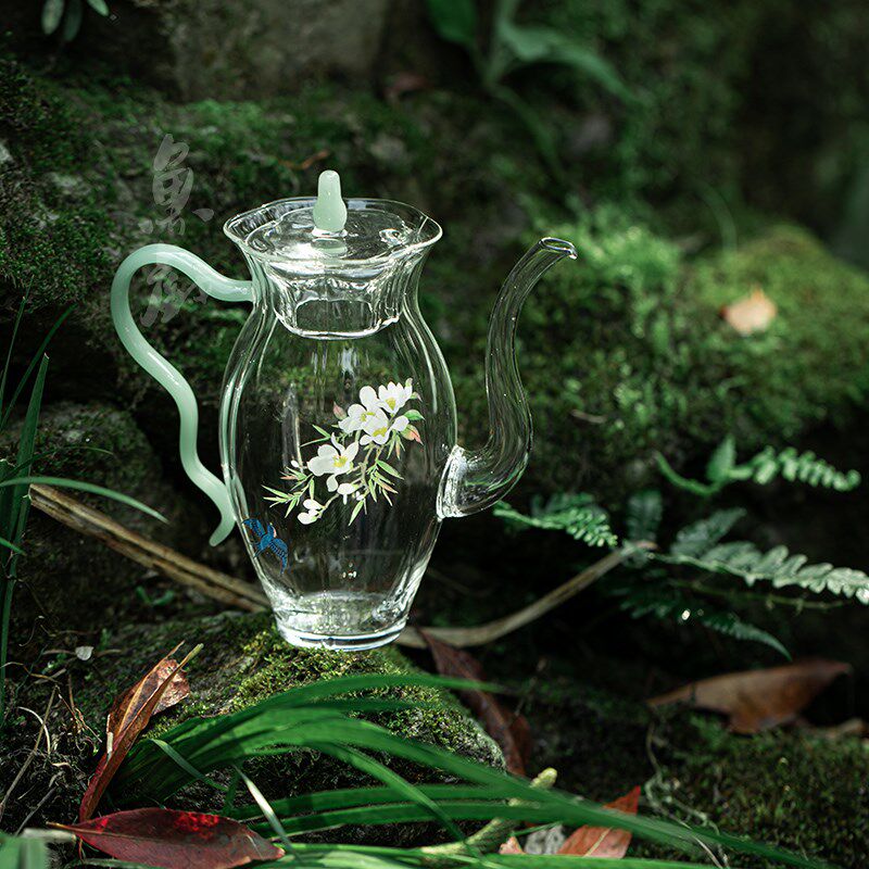 鱼戏耐热玻璃透明仿宋手执茶壶手工贴花家用绿茶泡茶壶单壶花茶壶
