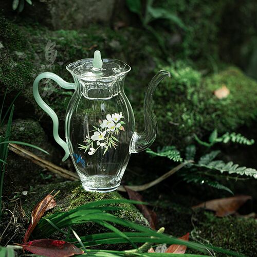 鱼戏耐热玻璃透明仿宋手执茶壶手工贴花家用绿茶泡茶壶单壶花茶壶