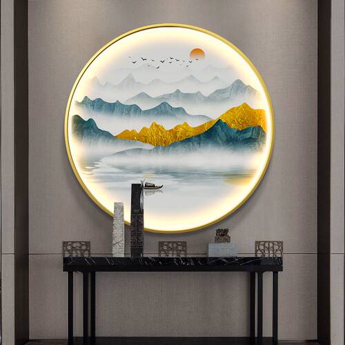 新中式入户玄关装饰画轻奢进门走廊过道背景墙挂画圆形LED带灯画