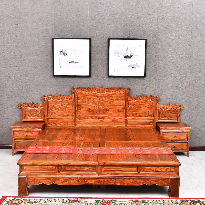 中式实木床1米8双床人雕花大床明清古典山水榆木婚床金花梨木包邮