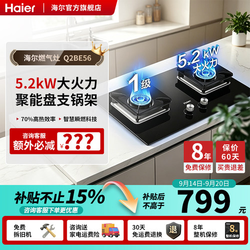 海尔燃气灶家用嵌入式煤气炉天然气双灶大火力猛火台式炉具Q2BE56