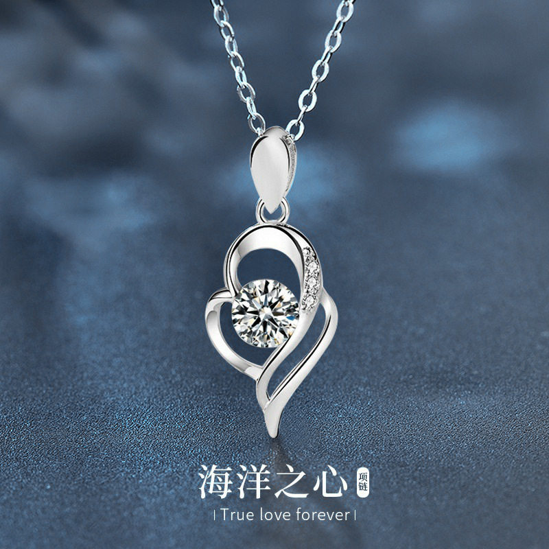925纯银天使之翼项链女ins风气质莫桑石爱心吊坠饰品情侣刻字