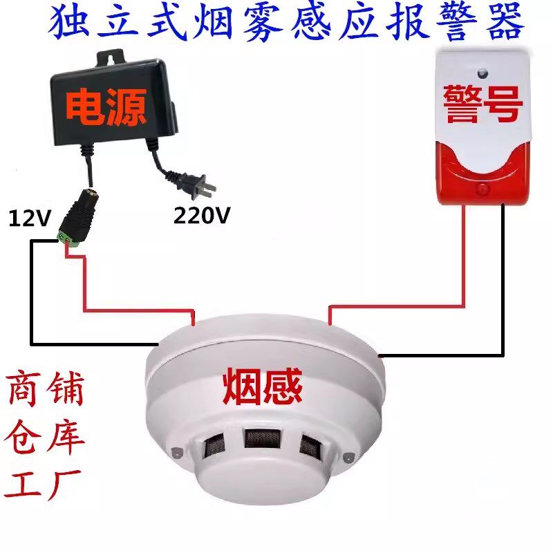 仓库烟雾报警器独立式烟感探测器有线开关量220V消防火灾温度感应