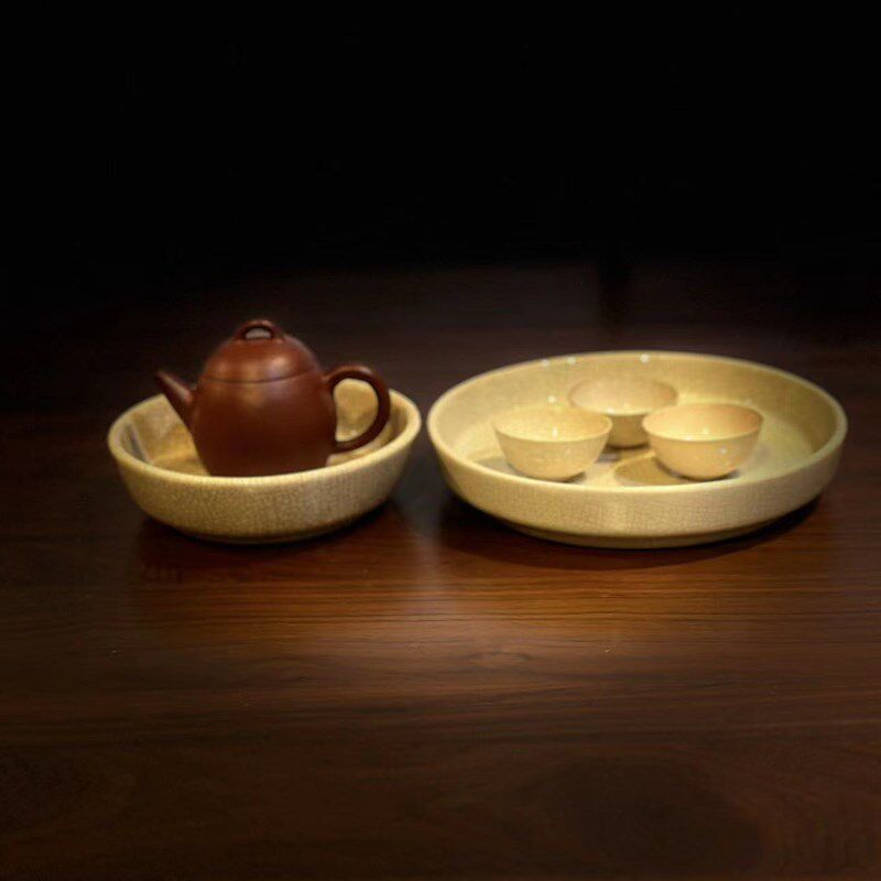 80年代台定工夫茶器漳州潮州窑瓷茶盘仿哥窑白釉瓷开片小壶承茶盘