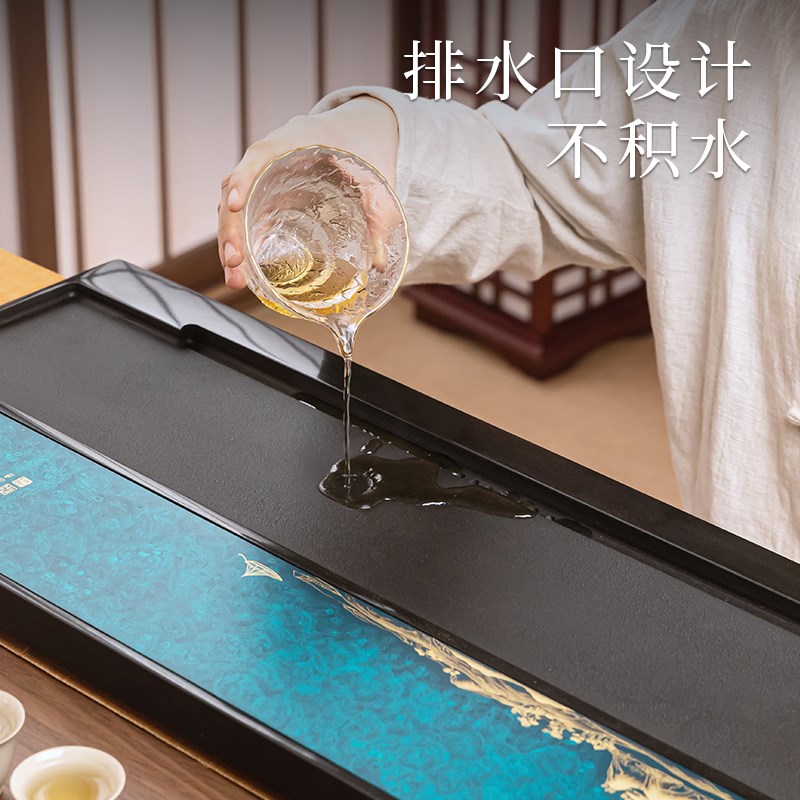 高端整块乌金石茶盘大号排水式茶台家用中式铜茶盘简约国画石茶海