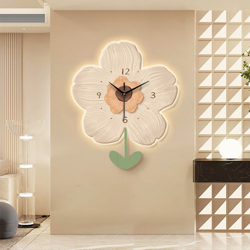 客厅家用网红挂钟花卉中式挂墙钟表餐厅免打孔装饰画卧室挂表时钟