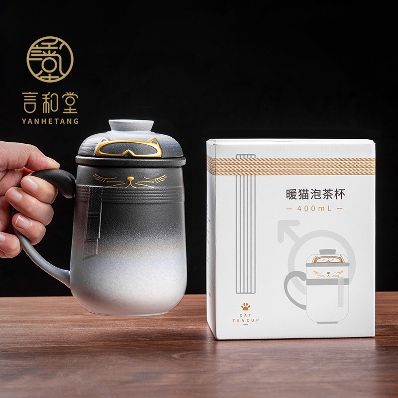 招财猫马克杯创意陶瓷带盖过滤泡茶杯办公室喝水杯子情侣杯礼盒装