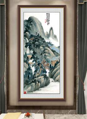 张大千山水国画玄关装饰画新中式国风客厅入户画茶社隔断自粘墙贴