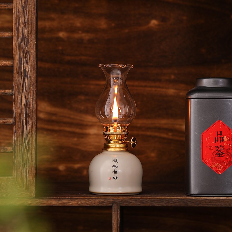茶小灯怀旧复古煤油灯陶瓷酥油灯灯盏新中式书房卧室氛围灯灯具