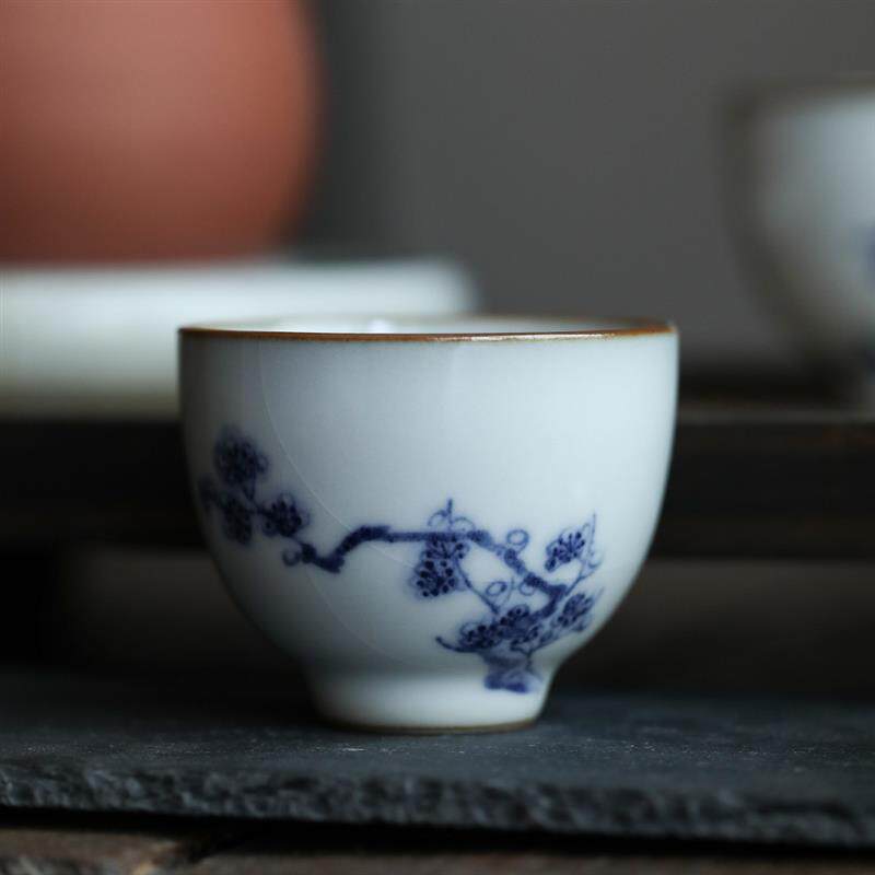 景德镇手工绘制官汝窑釉下青花花鸟功夫品茗茶具陶瓷仿古单杯官窑