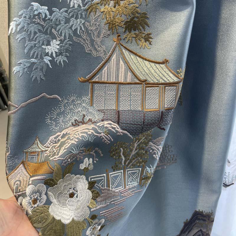 山水阁楼古典复古高档大气高精密绣花中式古风窗帘客厅书房中国风