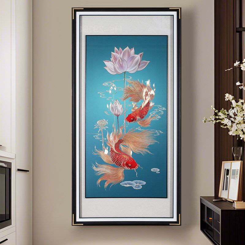 玄关画入户正对门走廊寓意好新款高端新中式手工铜雕挂画荷花锦鲤