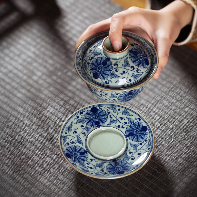 名悟柴烧青花三才盖碗手绘缠枝莲内外画景德镇功夫茶高端茶具茶器