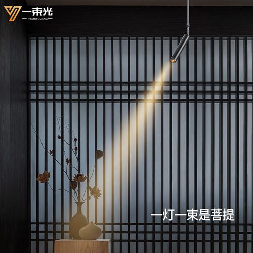 黑色20cm单头吊灯 禅意风格餐厅吧台LED射灯 明装长杆聚光照明