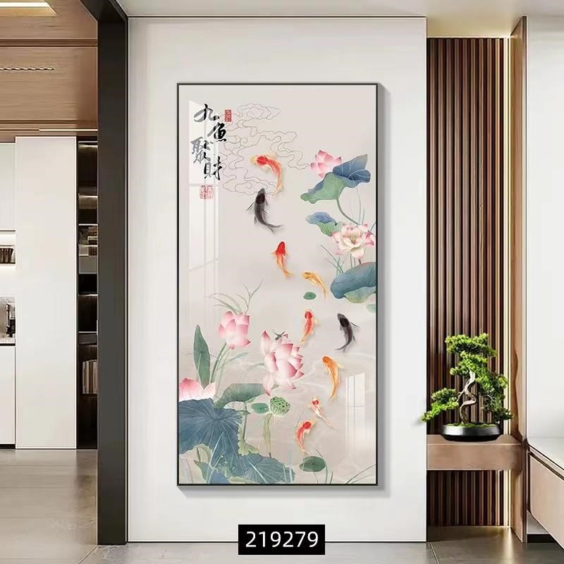 包安装九鱼图玄关装饰画新中式入户挂画客厅走廊过道竖版轻奢壁画