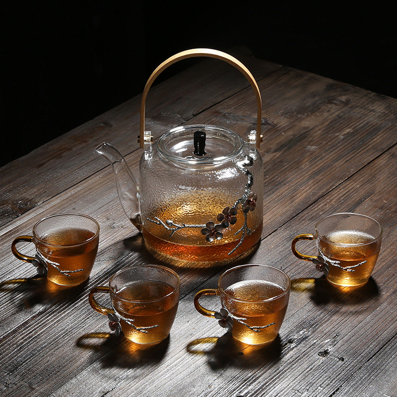 玻璃茶壶日式个性镶梅花图大号煮茶壶烧水壶功夫茶具家用玻璃茶壶