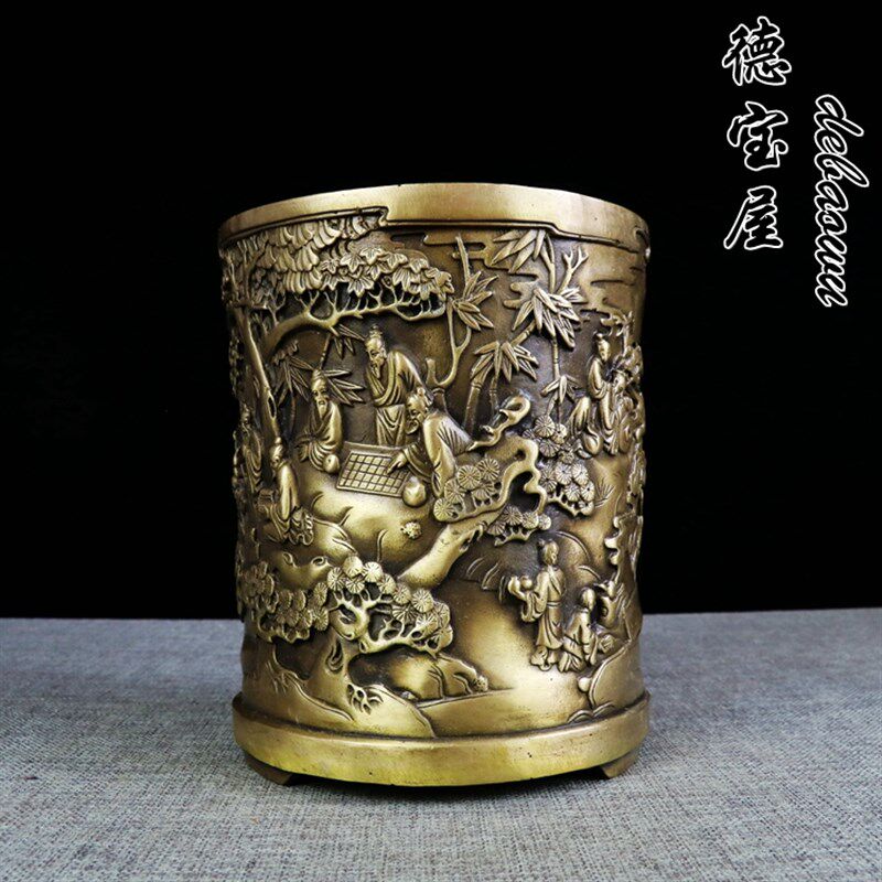 纯铜笔筒摆件黄铜复古笔筒人物笔筒工艺品大号文房用品办公室桌面