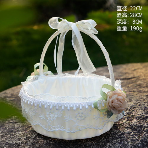 2023西式婚礼花童撒花瓣花篮藤编结婚庆伴娘手提蕾丝小花篮送戒指