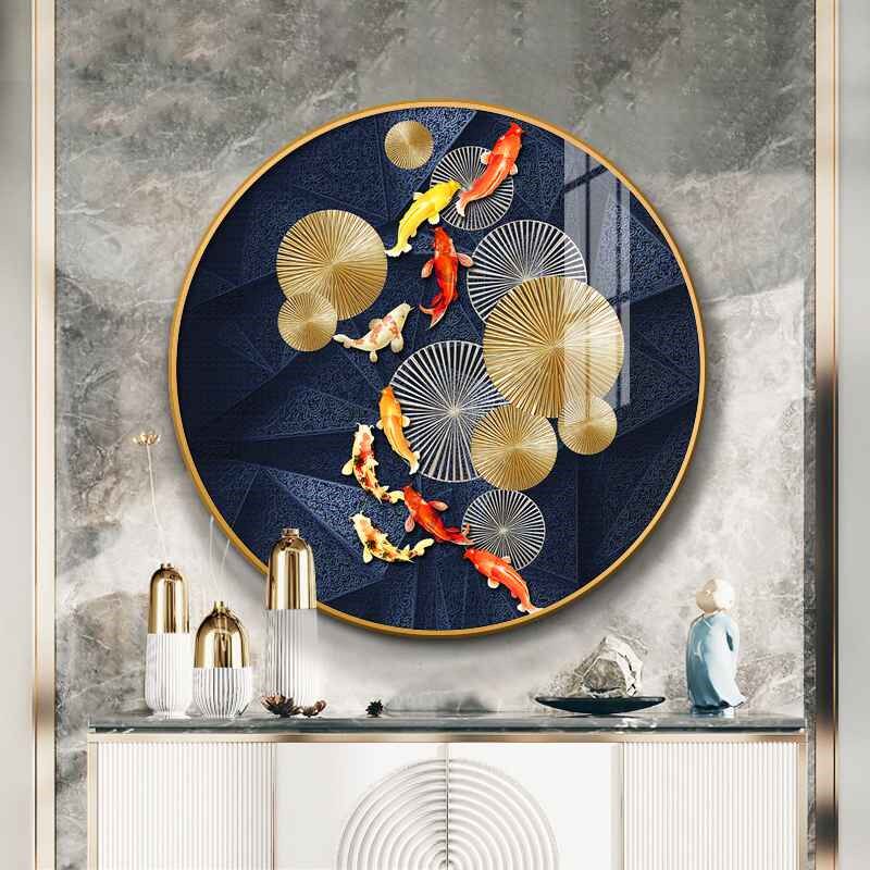 九鱼图玄关装饰画圆形九尾鱼餐厅壁画饭厅单幅挂画晶瓷镶钻聚财