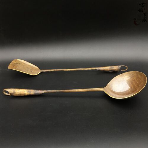 怀旧民俗古玩老式黄铜勺子铲子古代家用传统老物件仿古铜饭勺摆件