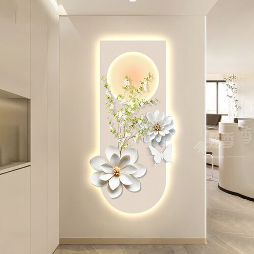 奶油风玄关装饰画氛围感灯画植物花卉走廊过道挂画蝴蝶高级感壁画