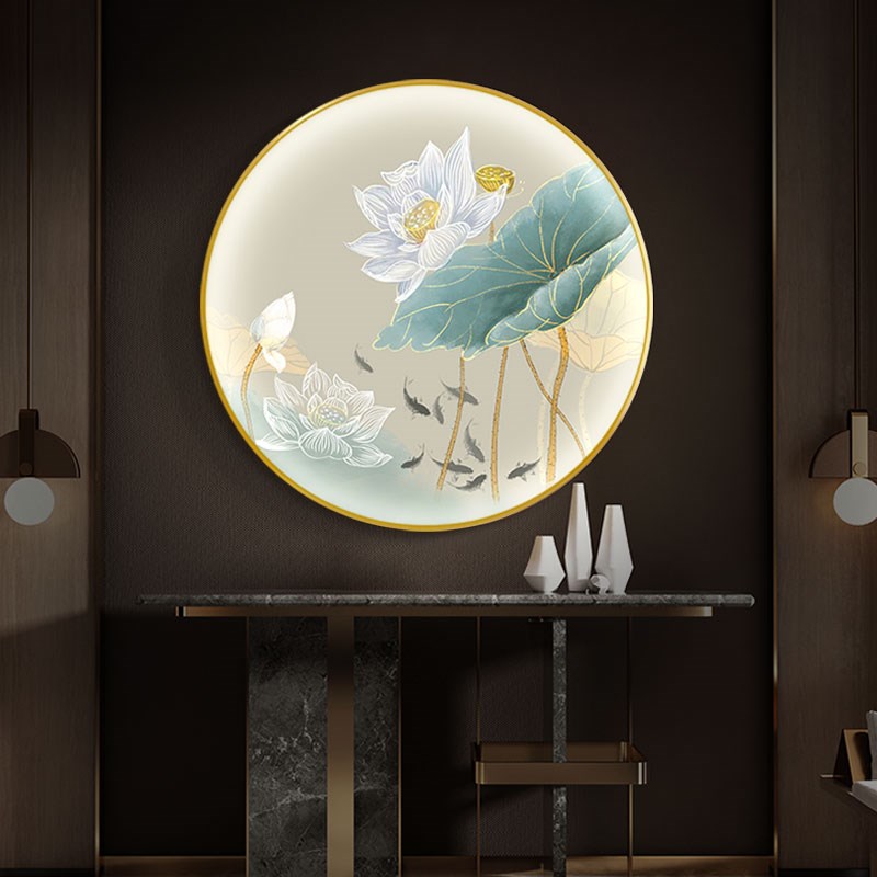 通体全面发光带灯装饰画客厅玄关新中式九鱼挂画圆形葫芦灯箱壁画