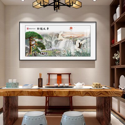 网红松鹤延年仙鹤图客厅挂画新中式书房装饰画茶室壁画玄关卧室晶