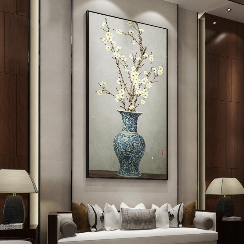 入户玄关花鸟装饰画新中式茶室禅意水墨挂画客厅走廊尽头竖版壁画