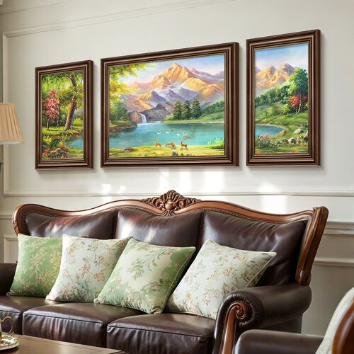 美式客厅装饰画山水画靠山图欧式风景油画沙发背景墙挂画三联壁画
