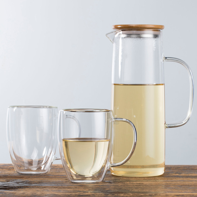 家用双层玻璃水杯泡茶杯套装带把直身水壶耐热牛奶杯透明柠檬水壶