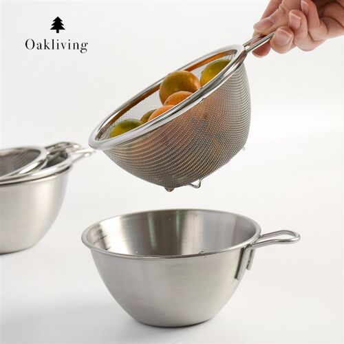 oakliving带手柄烘焙料理盘套装备菜洗蛋液搅拌碗304不锈钢盆滤网