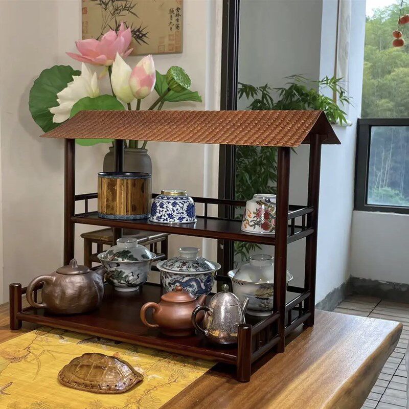 茶棚架竹编中式围炉煮茶禅意楠竹屋顶摆件收纳架神器双层茶杯架
