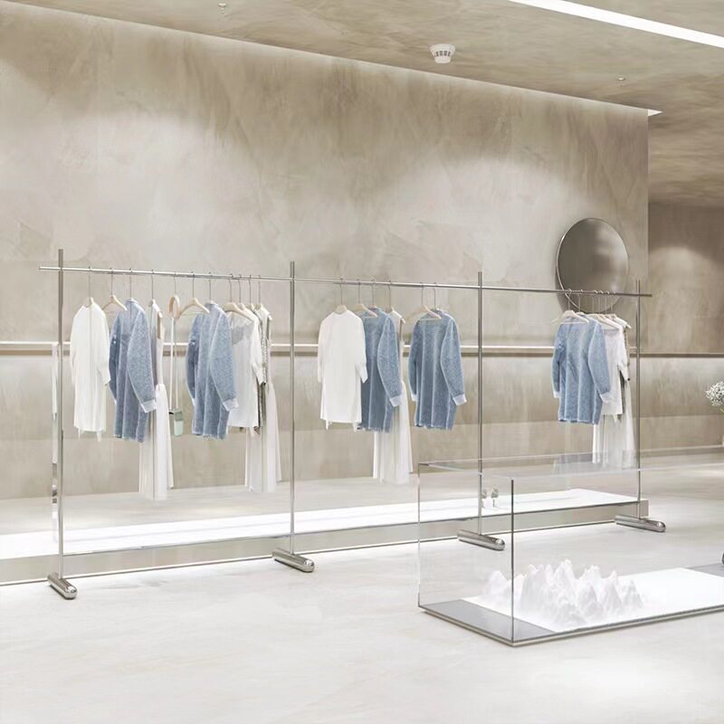 服装店落地式不锈钢拉丝银挂衣架女装店中岛货架展示架简约服装架