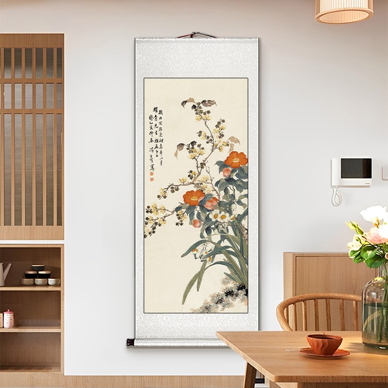 花鸟国画宣纸卷轴挂画竖版新中式玄关装饰画入户正对门壁画可定制