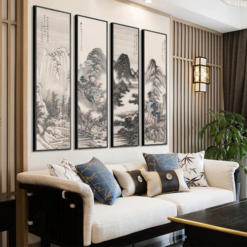 新中式沙发背景墙装饰画客厅背有靠山四联挂画水墨山水壁画中国风