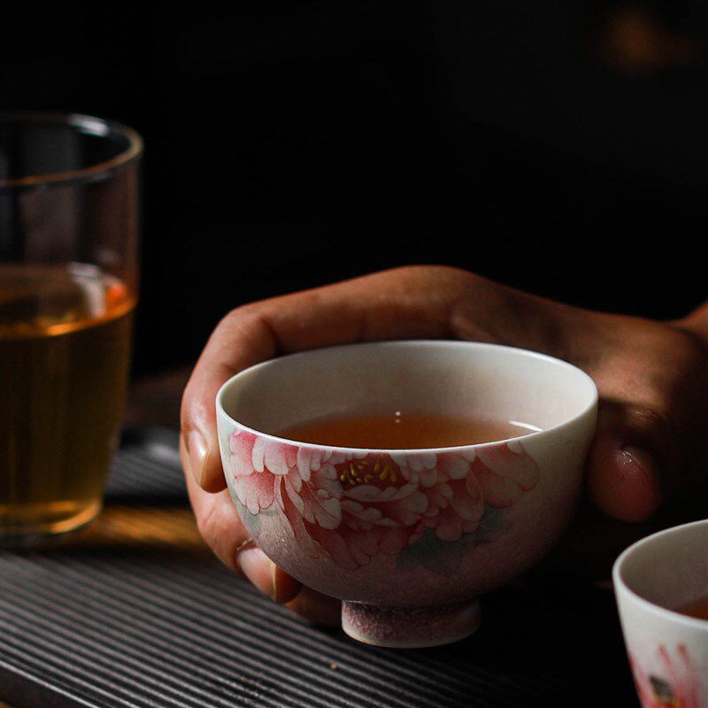 独清 手绘牡丹主人杯 陶瓷单杯女大号品茗杯功夫茶盏杯茶具纯手工