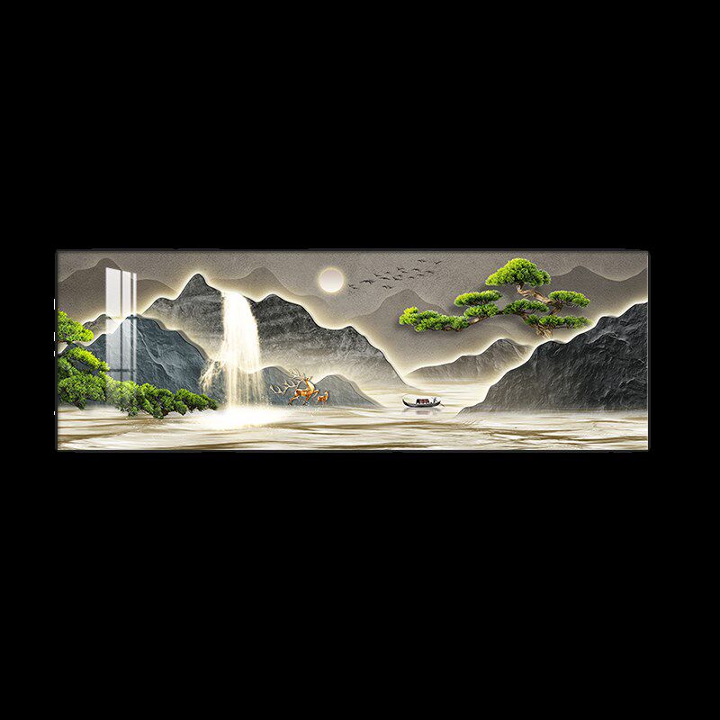 轻奢客厅沙发背景墙上装饰画东墙山水LED灯光挂画大白墙带灯壁画