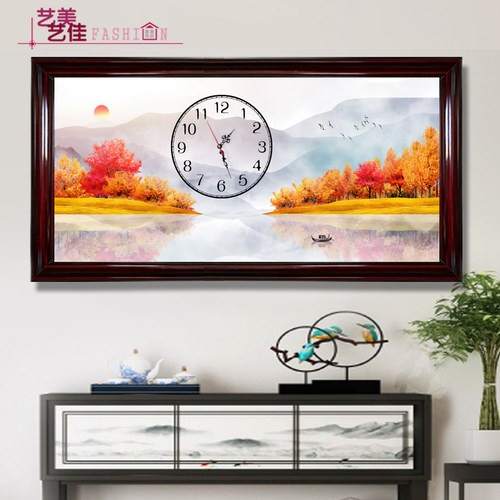 电表箱装饰画新中式大尺寸带钟表液压上翻配电箱挂画可免打孔定做