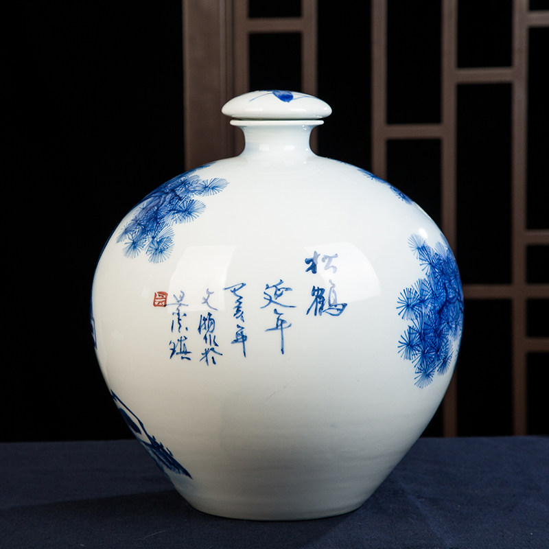景德镇陶瓷酒瓶 手绘松鹤延年密封空酒坛子5/10/15/30斤装白酒坛
