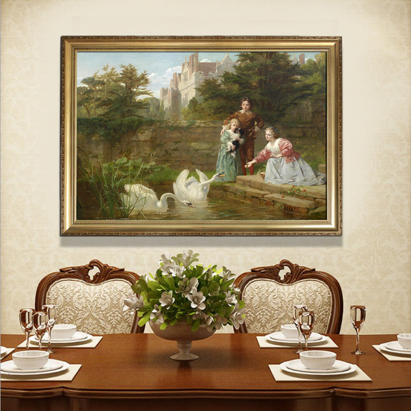 横版欧式人物油画高清喷绘画天鹅风景画客厅卧室床头挂画定制尺寸