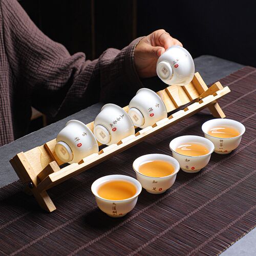 白瓷小茶杯喝茶专用陶瓷杯8只带杯架 多字羊脂玉瓷反口杯茶碗客杯