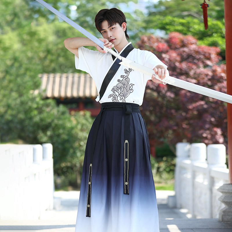 夏季汉服男款改良中国风魏晋制交领襦裙刺绣古装武侠风表演服套装图片