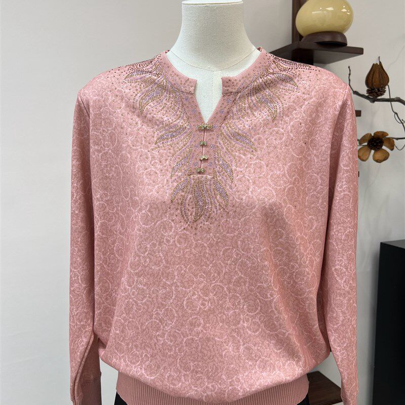 妈妈装秋季薄款半开领T恤长袖花色中老年2025新品上衣老人衣服女