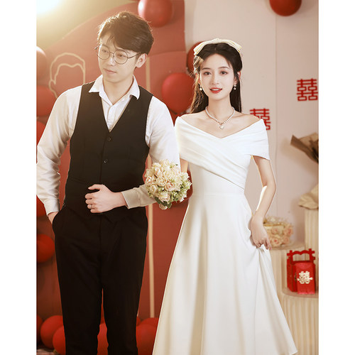一字肩白色礼服日常可穿订婚连衣裙端庄大气敬酒服领证登记小白裙