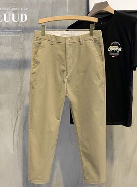 LUUD夏季薄韩版卡其布休闲裤男简约复古修身裤子小脚九分锥形裤子